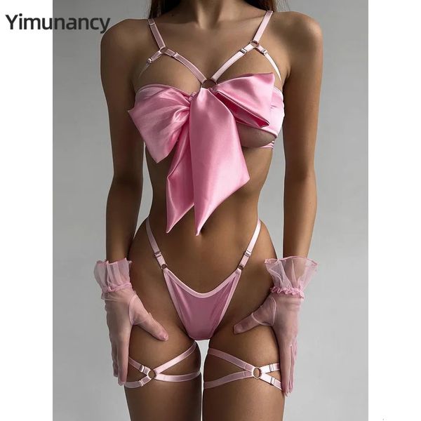 Yimunancy Set di biancheria intima con fiocco ritagliato in 3 pezzi 4 colori Set erotico carino in raso Set di biancheria intima breve solido da notte 231226