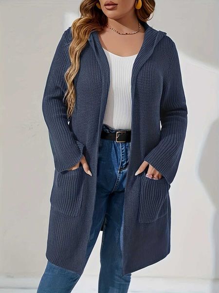 Maglioni da donna Taglie forti Maglione cardigan casual da donna Solido lavorato a maglia manica lunga aperto sul davanti con cappuccio con tasche Autunno Inverno J231227