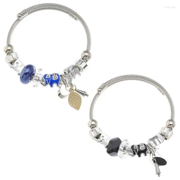 Bracciale con ciondoli per elefante in smalto nero blu Bracciale da uomo Braccialetti regolabili in acciaio inossidabile per donna Braccialetti con perline Pulsera con pendente a foglia