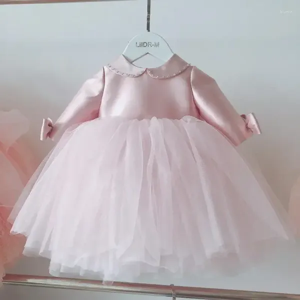 Mädchenkleider Solide Rosa Schleife Prinzessin Geburtstagskleid Kind Puppe Kragen Ärmel Design Blume Ballkleid Junior Brautjungfer