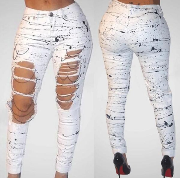 Jeans Loch Jeans Farbe Füße Hosen Frauen Kette neue Straße Hipster Bleistifthose Damen Jeans heißer Verkauf Sommermode