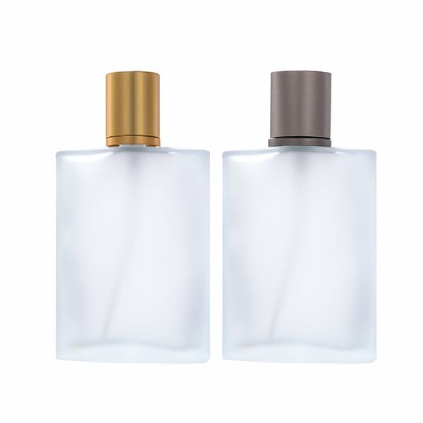 Bottiglia di vetro profumo portatile a forma quadrata glassata fiale vuote 50 ml pompa spray oro coperchio grigio coperchio reciprocamente remificato di imballaggio del contenitore cosmetico