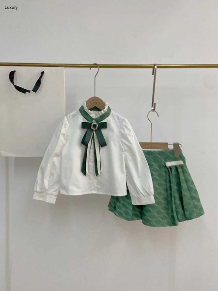 Meninas de luxo fatos de treino verde gemstone arco decoração crianças vestido ternos tamanho 110-160 camisa branca e logotipo saia de impressão completa dez20