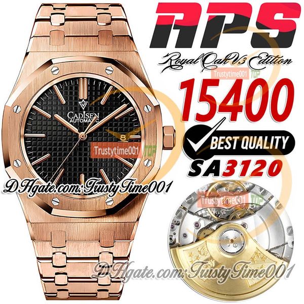 APSF V3 15400 SA3120 Relógio Masculino Automático 41mm Preto Texturizado Dial Stick Marcadores Caixa em Ouro Rosa RG Pulseira de Aço Inoxidável Super Edição trustytime001Relógio de pulso