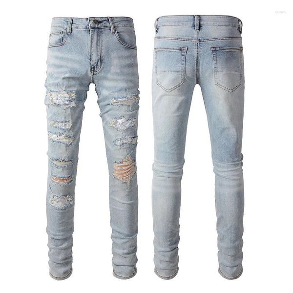 Erkekler Kot High Citity Rhinestone Sıkıntılı Bol Mavi Erkekler Yırtık Delik Erkek Sokak Giyim Denim Pantolon Damla