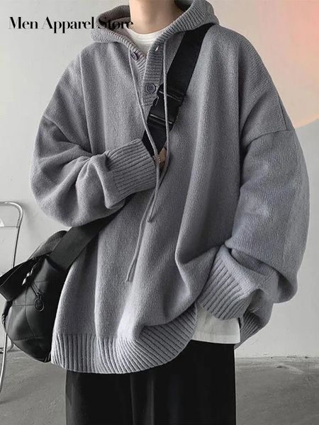 Hood Sweater Erkekler Kış Gevşek Şık Boşta Sle Retro Retro Katı Dış Giyim Gençler Moda Modaya Düzenli Sıcak Adam Giyim 231226