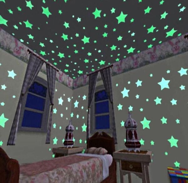 Le stelle 3D brillano nel nero brillante sugli adesivi murali per la camera da letto dei bambini, soggiorno, adesivo da parete, decorazione della casa, poster, 100 pezzi1713955