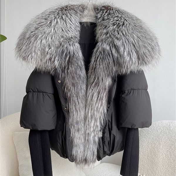 Janveny Große Echte Silber Fuchs Pelz Kragen Weiße Ente Unten Jacke Frauen Winter Luxus Puffer Mantel Übergroßen Feder Outwear 231226