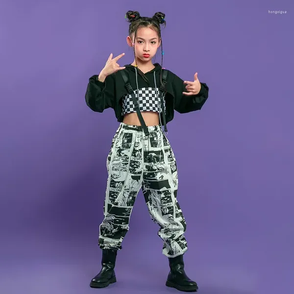 Palco desgaste criança hip hop roupas preto moletom com capuz colheita top manga longa camisa streetwear impressão jogger calças para meninas traje de dança