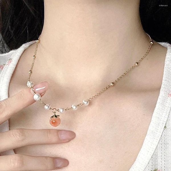 Anhänger Halsketten 2023 Mode Perle Halskette Orange Pfirsich Kragen Kette Für Frauen Kpop Obst Pendent Choker Mädchen Schmuck Geschenke Großhandel