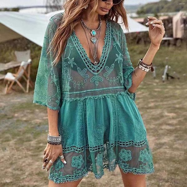 Frauen Badebekleidung Frauen sexy Spitze bestickter Strand Cover Up Kleid Retro Deep V Solid Sun Protection Hemd Urlaub Lose Bikini Push