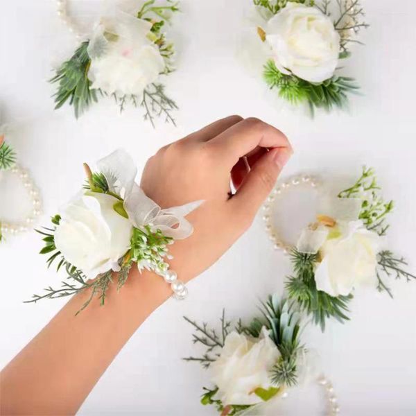 Dekorative Blumen 4 TEILE/SATZ Brautjungfer Faux Rose Armband Hochzeit Handgelenk Corsage Polyester Band Perle Schleife Braut Geschenke Hand Party Supplies