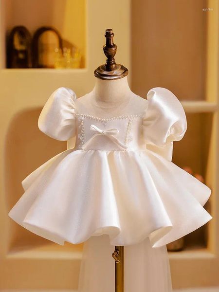 Vestidos de menina v-back simples flor elegante garotas o-pescoço arco traseiro design baby birthday tobe bufk manga plissed vestido de princesa