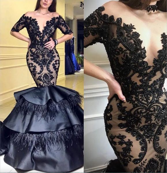 Kosovo lindos vestidos de baile preto Apliques de renda sereia vestidos de noite