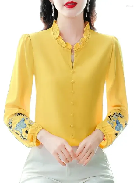 Frauen Blusen 2023 Herbst Koreanische Mode Gestickte Lose Lange Ärmeln Chiffon Shirts Für Frauen Elegante Rüschen Casual Weibliche Top