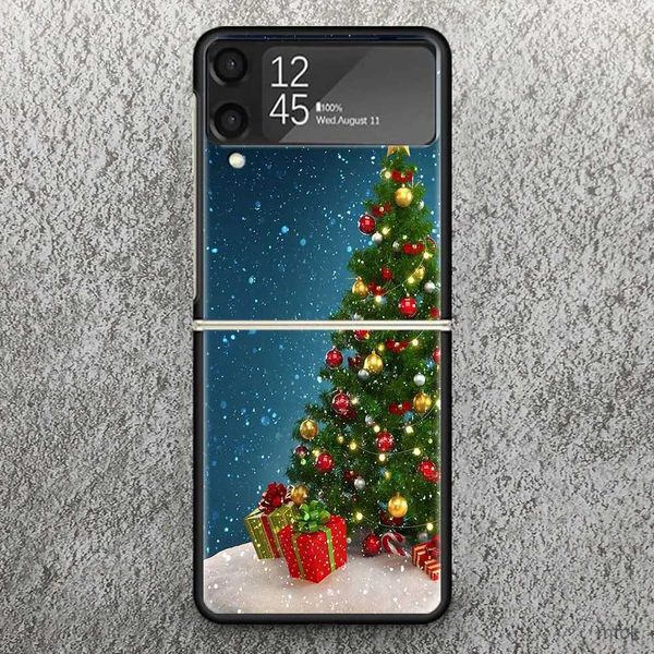 Casos de telefone celular Caso de impressão de neve da árvore de Natal para Samsung Galaxy Z Flip 3 4 5 5g Celular dura preto Shell Zflip3 Flip4 Flip5 Padrão C