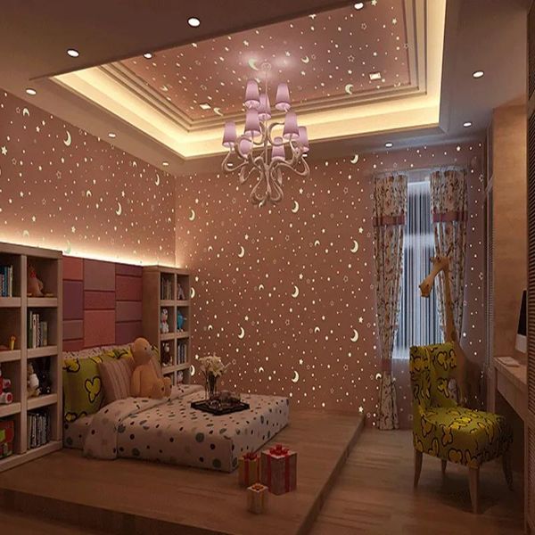 Wallpapers não tecido luminoso papel de parede rolo estrelas e a lua meninos e meninas quarto infantil quarto teto fluorescente papel de parede decoração