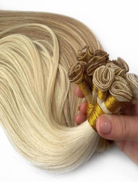 Mão amarrada extensões de cabelo de trama 100 cabelo humano virgem reto 613 100gpcs invisível indiano loiro costurar em pacotes artesanais2520187