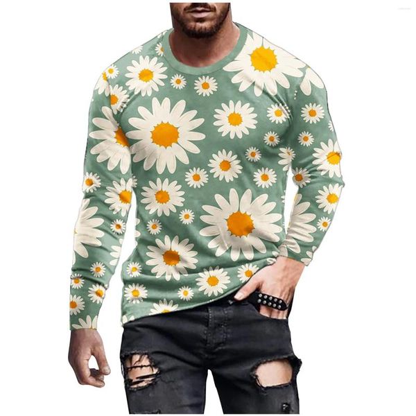Camiseta masculina outono moda roupas 3d flor impressão gráfico manga longa em torno do pescoço y2k topos casual camiseta