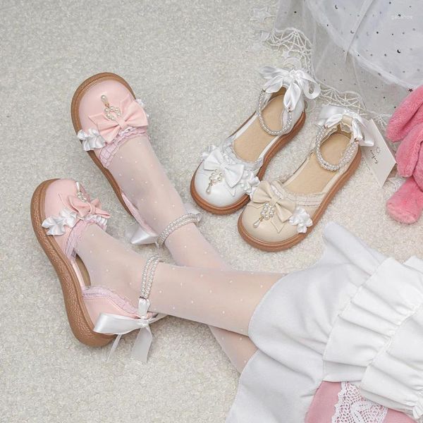 Sandálias YQBTDL 2023 Verão Adorável Lolita Estilo para Princesa Bowknots String Beads Pérolas Pingente Flat Bottom Wedge Mulheres Sapatos