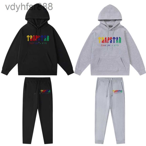 Trapstar Übergroßer Kapuzenpullover für Herren, Designer-Hemden, bedruckter Buchstabe, Luxus, Schwarz und Weiß, Grau, Regenbogenfarbe, Sommer, Sport, Mode, Baumwollkordel-Oberteil, GU0C