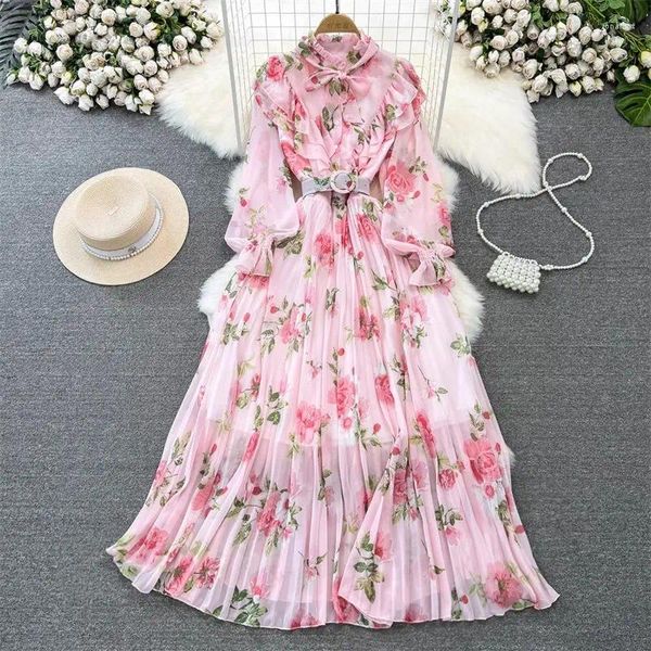 Lässige Kleider Sanfter Stil Elegantes Blumen-Maxikleid für Frauen Herbst Langarm Stehkragen Rüschen A-Linie Druck Chiffon Plissee Z310 1