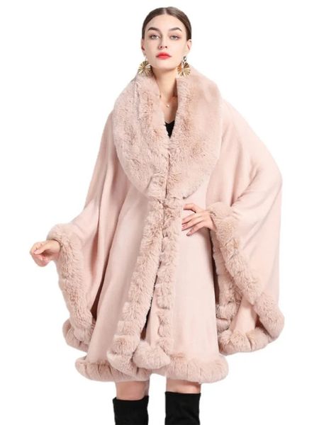 Элегантная накидка из искусственного кроличьего меха, женская зимняя одежда, толстое теплое пончо, женская мода, кардиган, шаль, плащ, свободные длинные пальто 231226
