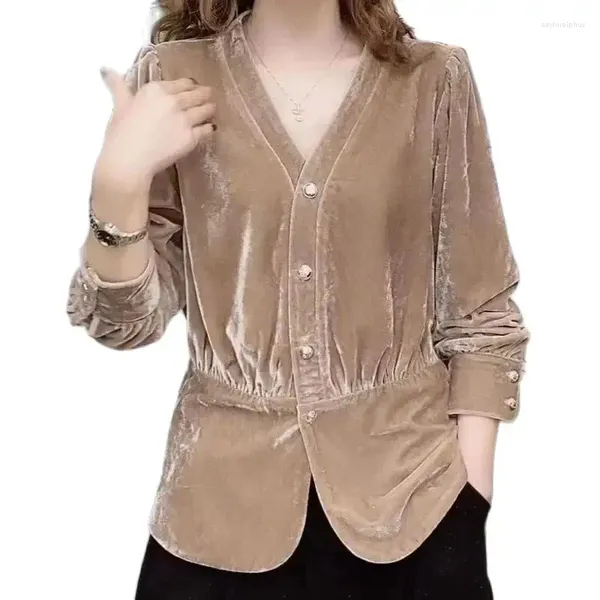 Женские блузки, модный золотой бархатный топ для женщин, весенне-осенняя одежда, повседневная рубашка с v-образным вырезом и длинными рукавами