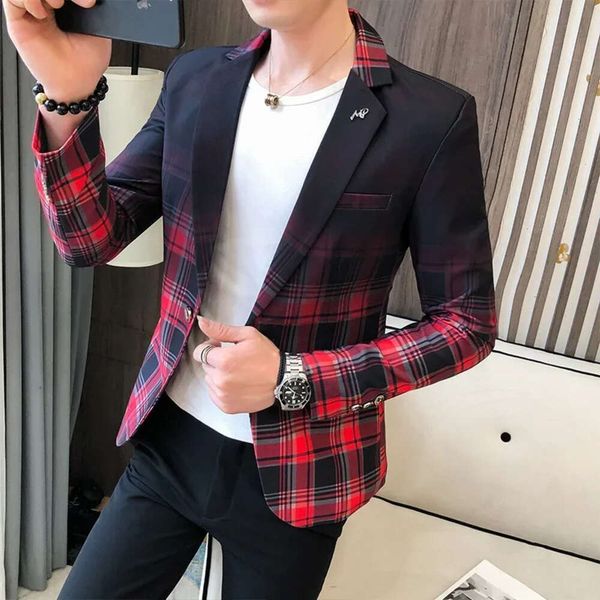 Mode interessant für rot graue gelbe Plaid Männer Slim Fit Koreanisch kombinierte Jacke Herren zweifarbiger Blazer