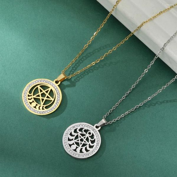 Anhänger Halsketten LIKGREAT Hexerei Pentagramm Edelstahl Halskette Frauen Mondphase Klar Zirkon Schmuck Hochzeitsgeschenke