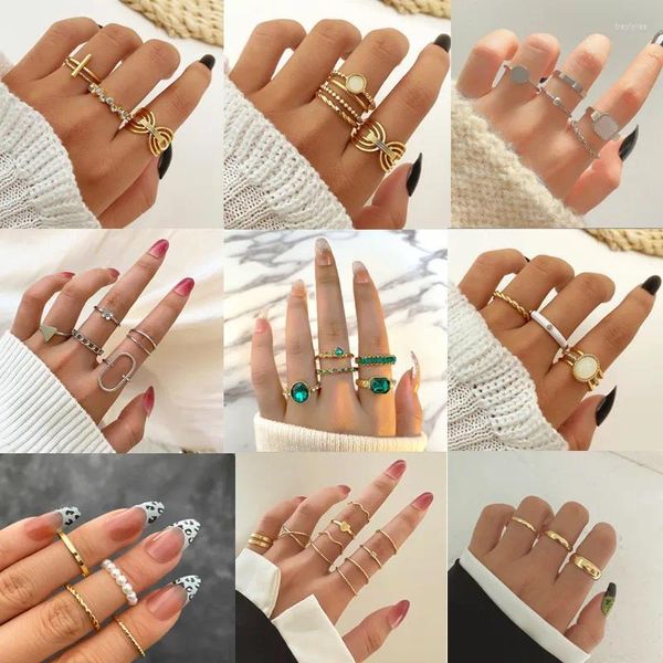 Кольца кластера, винтажные наборы колец на суставы пальцев для женщин, богемный кристалл, камень, геометрическая фигура, женские богемные украшения, 2023, подарок