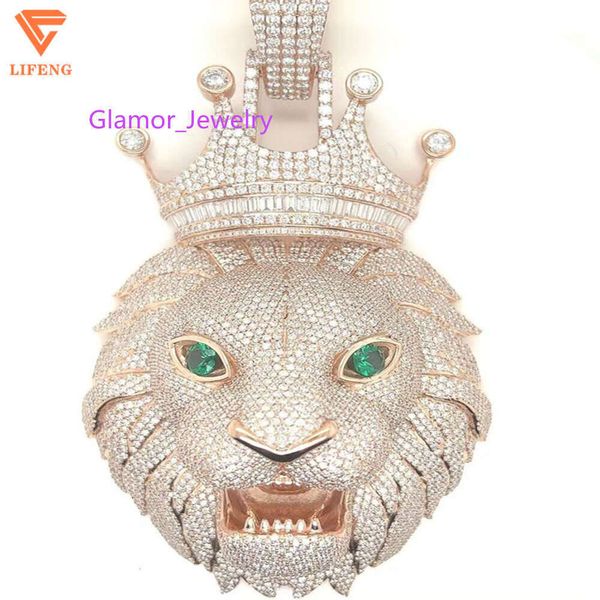 Máscara de personalidade Hip-hop incrustada com DiamondsNew Design Acessórios de jóias exagerados de moissanita exagerados pingentes de colar de cabeça de leão de ouro real para adulto