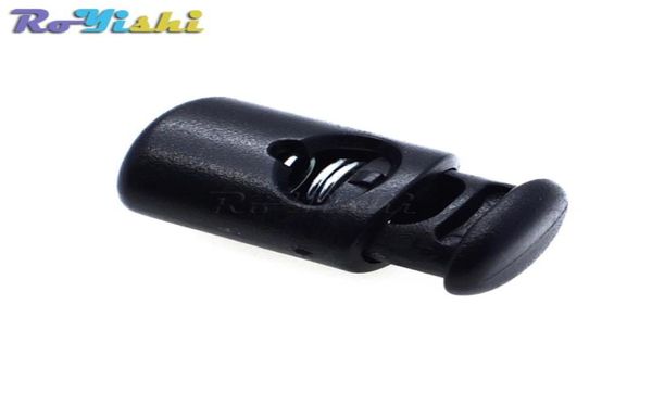 100 pzlotto Cord Lock Stopper Barile di Plastica Molla Attiva/Disattiva Nero 28mm145mm11mm Per BorseIndumenti4576034