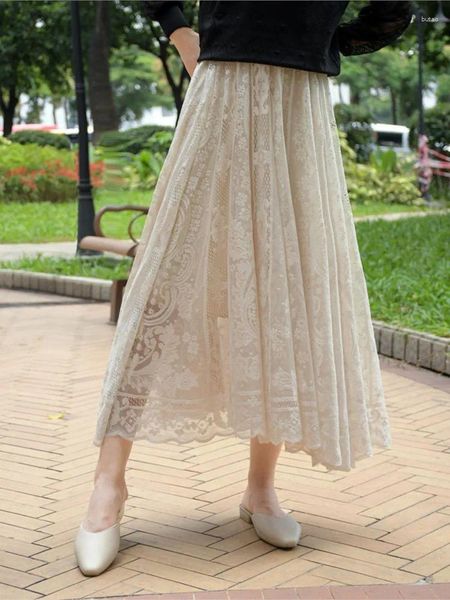 Юбки, длинная кружевная юбка крючком для женщин, модная корейская повседневная свободная макси-юбка, весна 2024, однотонная эластичная талия на талии Faldas