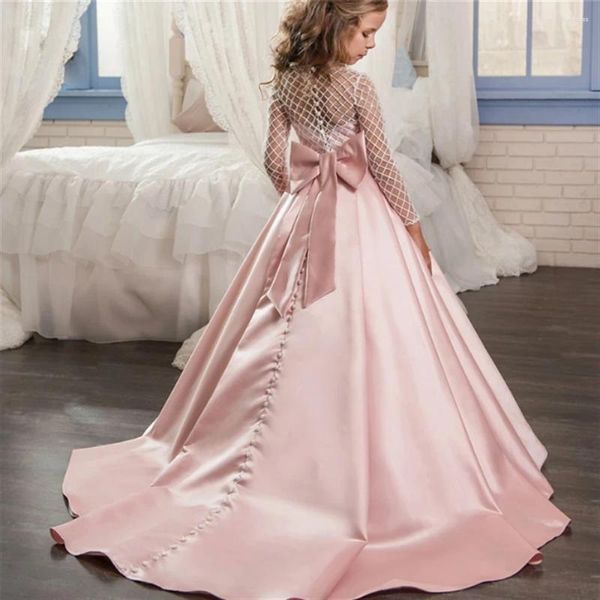 Mädchenkleider rosa Satin Erste Kommunion Spitze Gitter langärmelte Blumenprinzessin Kleid Hochzeit Party Prom Ball Schönheitswettbewerb Kleid