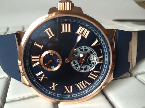 Relógios de pulso masculinos multiestilo da ONU, mais vendidos, New Marine Manufacture Roma digital 266-67-3/43 Auto Date Rose Gold 45 mm mostrador azul mecânico Relógios masculinos automáticos