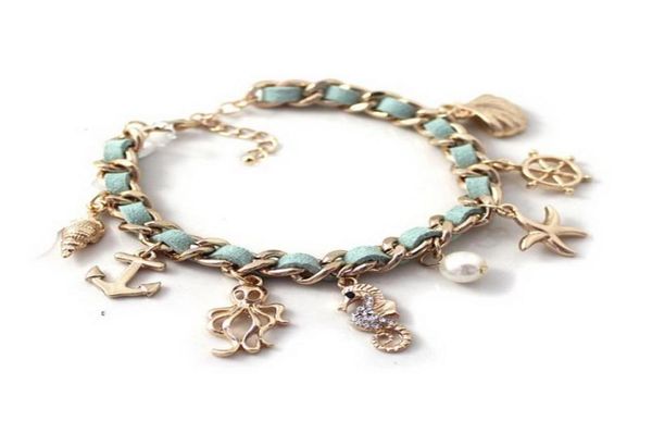 Bracciale serie moda oceano Ancora timone Stella marina Conchiglia Cavalluccio marino Polpo Perle Charms Elemento marino Bracciale stile Boemia1201388