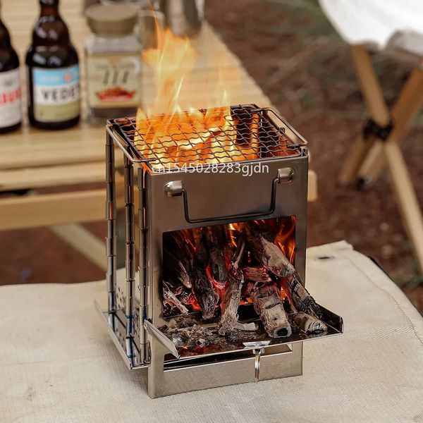 Mini fogão a lenha ao ar livre portátil acampamento piquenique churrasco viagem dobrável aço inoxidável carvão cozinhar grill 231226