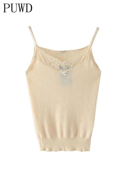 Serbatoi PUWD Casual Donne di Colore Solido Morbido Carro Armato Del Cotone 2022 di Estate Delle Signore di Modo Beige Bordo In Pizzo Sottile Breve Magliette e camicette Femminile Chic Crop Top