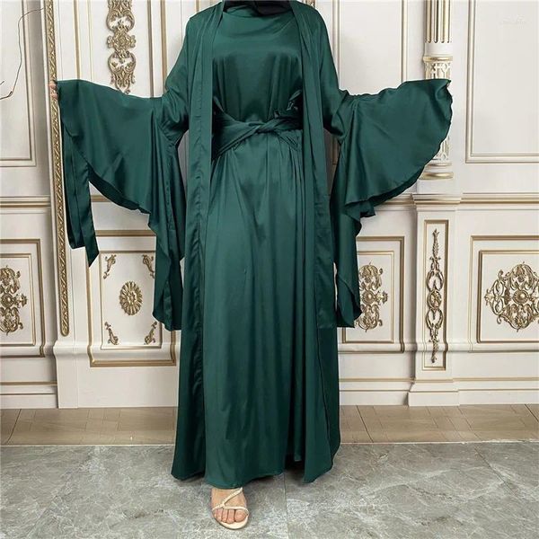 Abbigliamento etnico Kimono in raso lucido Abaya musulmano aperto per le donne Dubai Set 2 pezzi Abito Turchia Ramadan Caftano Abiti islamici Abito arabo