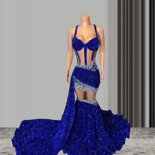 2024 blau Trompete Prom Abend Party Kleid Für Frauen Sparkly Kristall Boning Mesh Schwarz Mädchen Geburtstag Kleid Robe Bal De promo 322