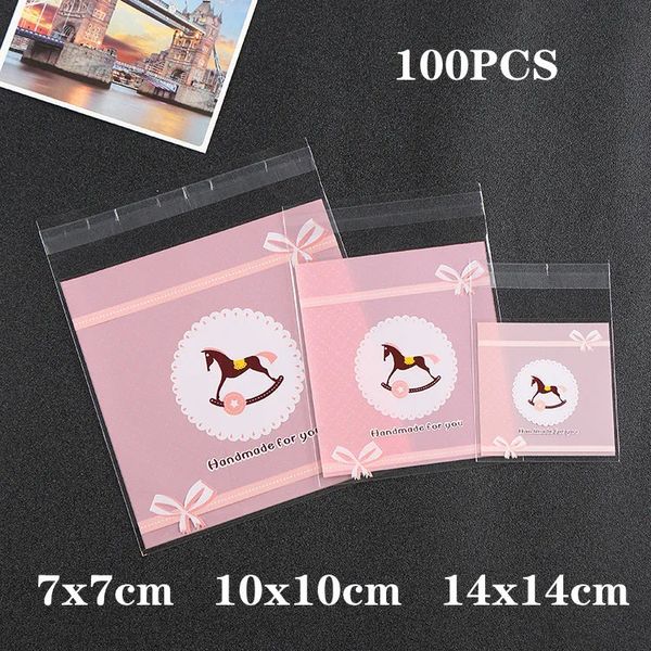 100 Stcs Plastiktüte transparente Selbstkleberbeutel Cartoon Katze Rose Blume Biscuit Schmucktasche Hochzeitsfeier Cellophane Bag 231227