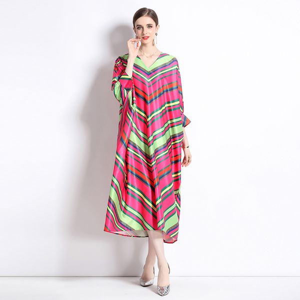 Donne a V sciolte da donna a fit a fit stampato Maxi vestito vivido color caftan manica mujer mujer vestido party copri abiti di caftano