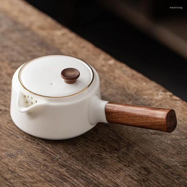 Set da tè Teiera in ceramica con manico in legno Set da tè Kongfu fatto a mano in porcellana bianca Bollitore in stile cinese SZ-TK21050806