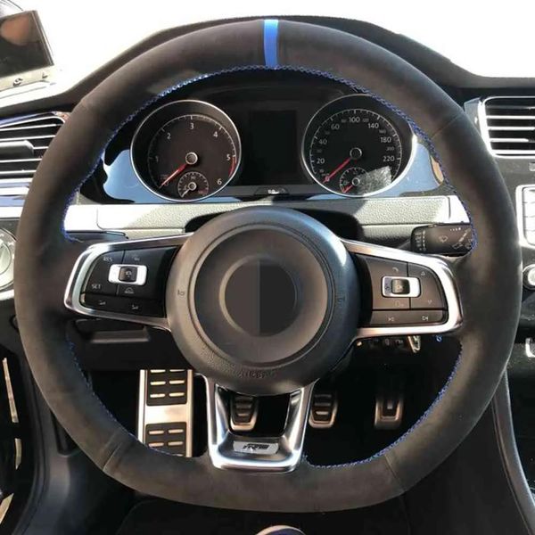 Cobre a capa do volante do carro preto camurça de couro genuíno para 7 Golf R MK7 VW Polo GTI Scirocco 2015 2016