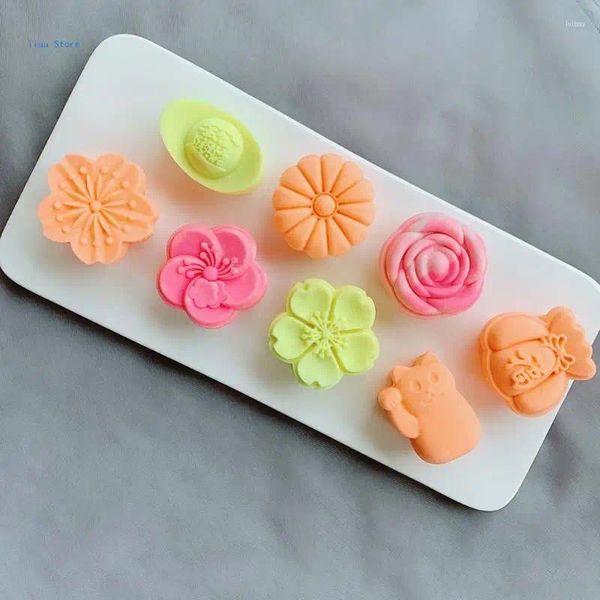 Ferramentas de cozimento Mooncake Moldes Padrões 3D Design Mão Pressão Fondant Decoração Cortador de biscoitos para conjunto de ferramentas de cozinha DIY