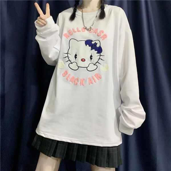 T-shirt stile Harajuku autunno nuova sorella morbida giapponese cartone animato gatto ricamo maglietta coreana a maniche lunghe allentata studentessa top magliette