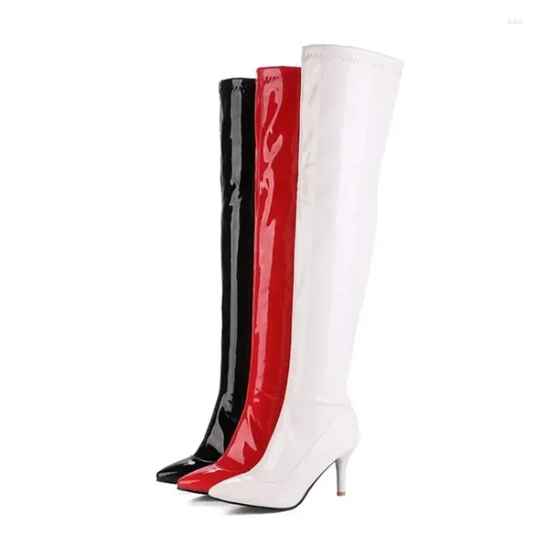 Stivali taglia grande 48 alti alla coscia donna rosso bianco nero moda sopra il ginocchio sexy discoteca danza signore elastico caldo