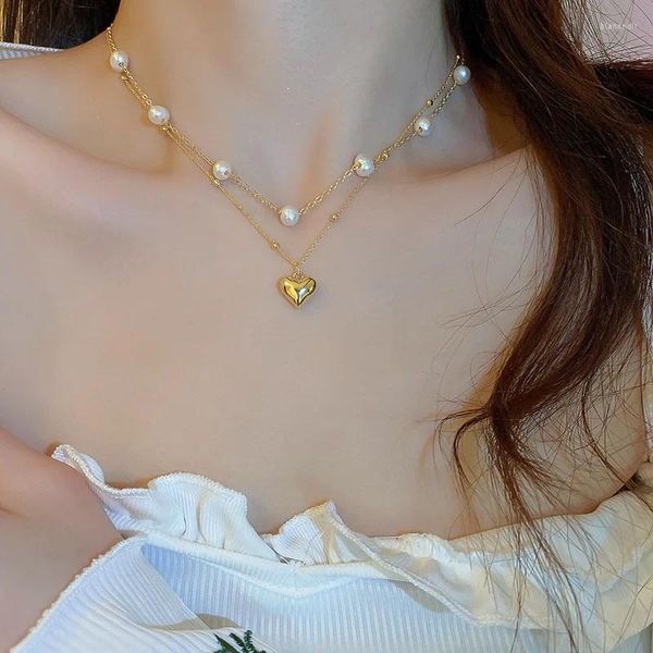 Halsreif, elegant, vergoldet, zwei Schichten, Herz-Anhänger, Perlenkette, kurzer Chocker, Schlüsselbeinkette, Charm-Schmuck für Frauen und Mädchen