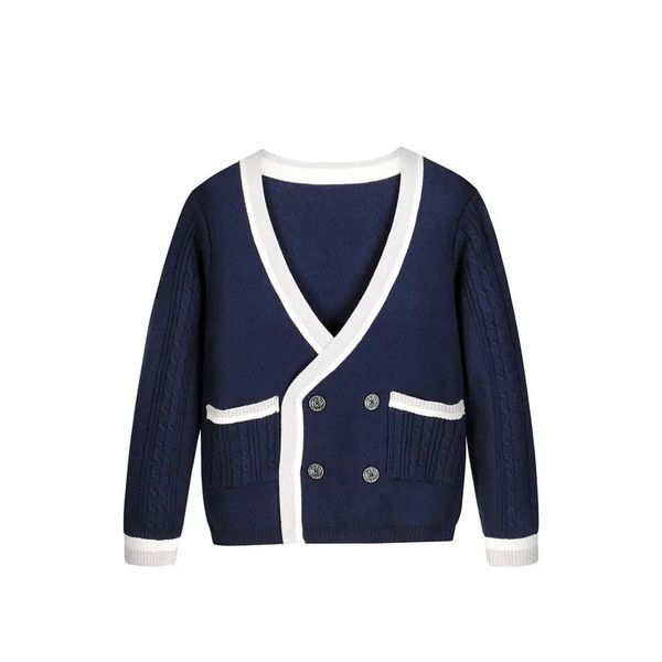 Ankunfts-Strickjacken für große Jungen, zweireihige Mäntel im England-Stil, Frühling und Herbst, marineblauer Teenager-Uniform-Pullover 231226